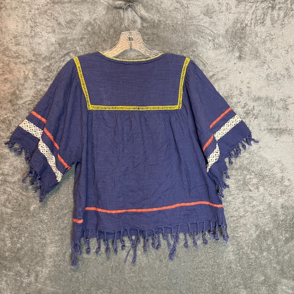 Rocks Indigo Women Boho Peasant Top M Festival Boxy Cropped Tasseled Fringe - Picture 3 of 12